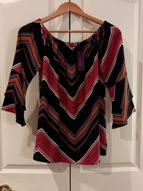 Lascana Black Off-Shoulder Top with Pink Chevron Stripes